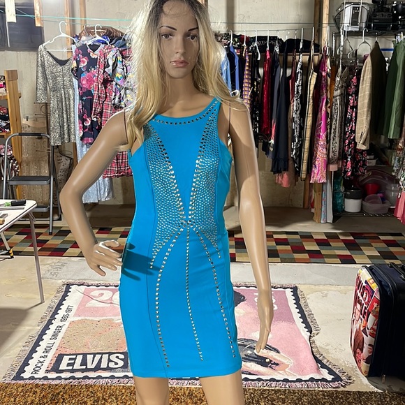BEBE STUDDED BLUE SEXY DRESS S/P - Picture 1 of 12